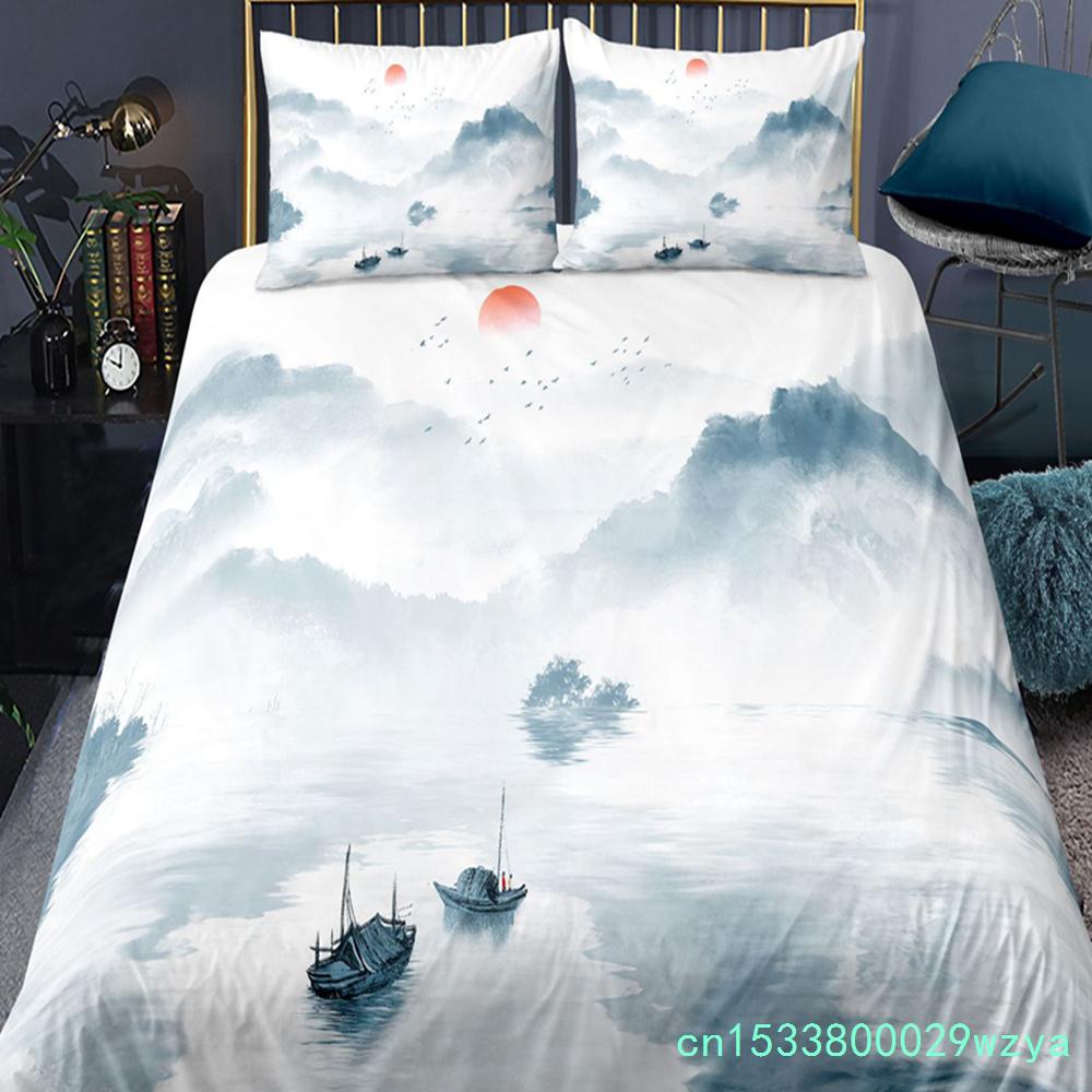 Set da letto paesaggistico in stile cinese Set copripiumino con fiori di prugno con federa Biancheria da letto Singolo Matrimoniale King Size Set piumone
