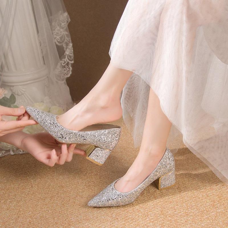 Pointed elegant Wedding Shoes Plus Size Shallow High Heels Pumps Ladies Thick Silver Glitter Heels Pumps Women Luxury footwear