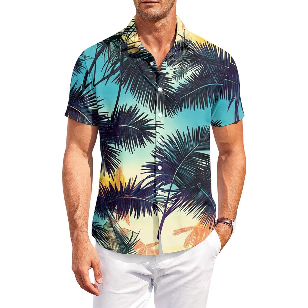 Men Short Sleeve Button Down Shirt Hawaiian Floral Print Collared Casual Outdoor Relaxed Fit Lightweight Top