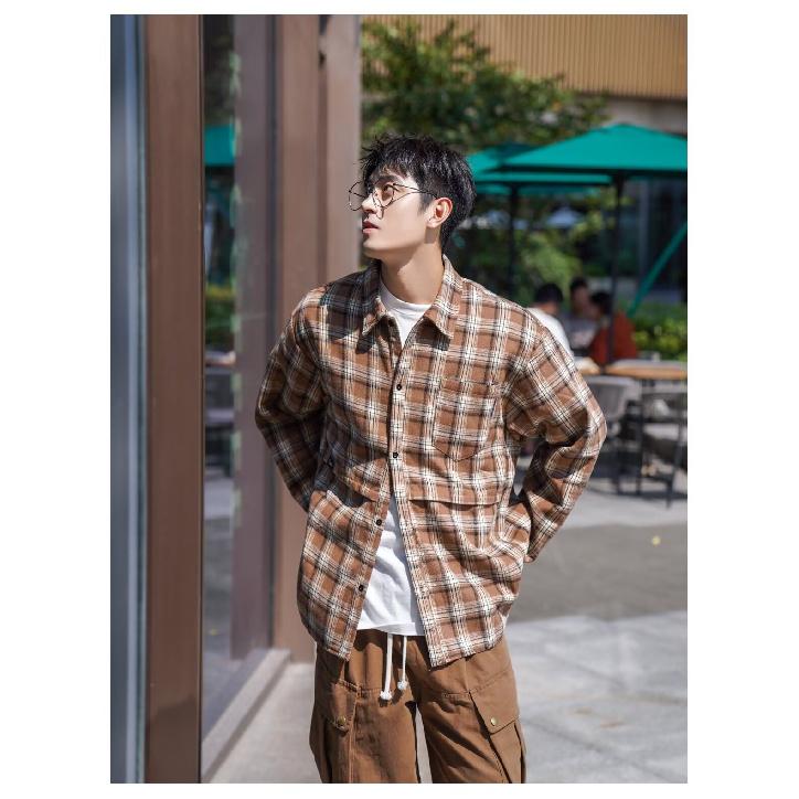 Spring and Autumn Japanese Style Retro Plaid Shirt Men's and Women's Hong Kong Style Loose Casual Long Sleeves Shirt Thin Preppy Style Coat