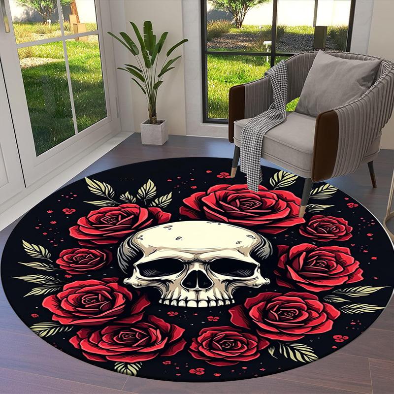 1pc Skull and Roses Tattoo Design Round Carpet, Made of Polyester,Perfect for Decorating Office Chairs, Living Rooms,Vibrant Decorative Rug