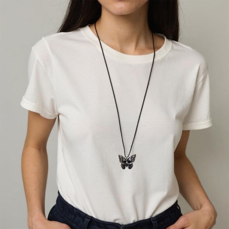 Gothic Skull And Butterfly Pendant Necklace Zinc Alloy Sweater Accessories For Edgy Fashion Jewelry Lovers