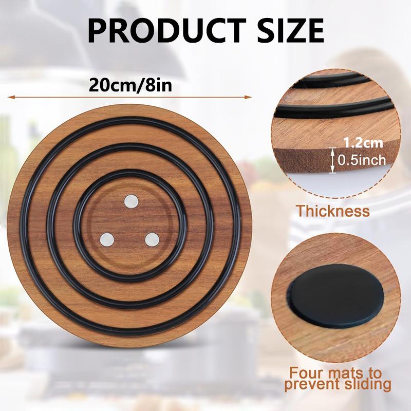 Round Acacia Wood Heat Insulation And Anti-Slip Pot Pad, Black Silicone Ring Magnetic Heating Pot, Bowl And Plate Anti-Scald Pad