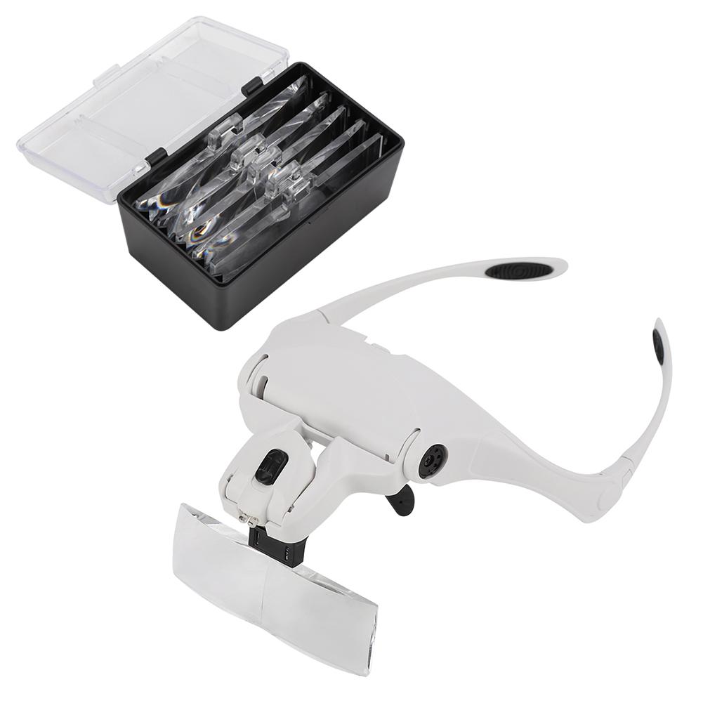 Hands Free Eyeglasses Bracket Magnifier with 5 Pcs Lenses Headband 2 LED Head Lights