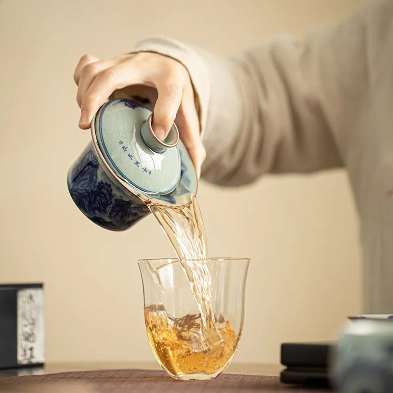160ml Jingdezhen Blau-Weiß Deckelschale Zen Tausend Meilen Gaiwan Boutique Hufeisen Teekanne Teekocher Teegeschirr Handwerk