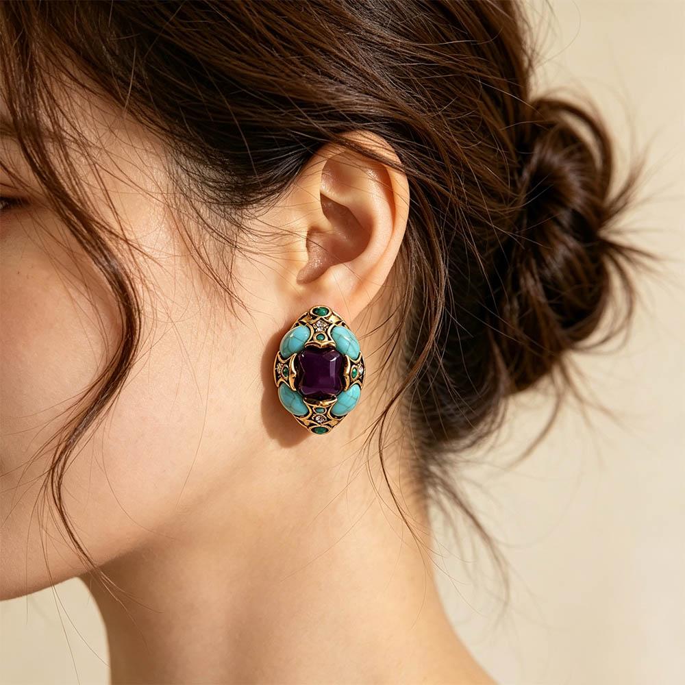 Zinc Zinc Alloy Flower Earrings Peacock Blue Medieval Resin Earrings Irregular-shaped Ear Stud  Wedding