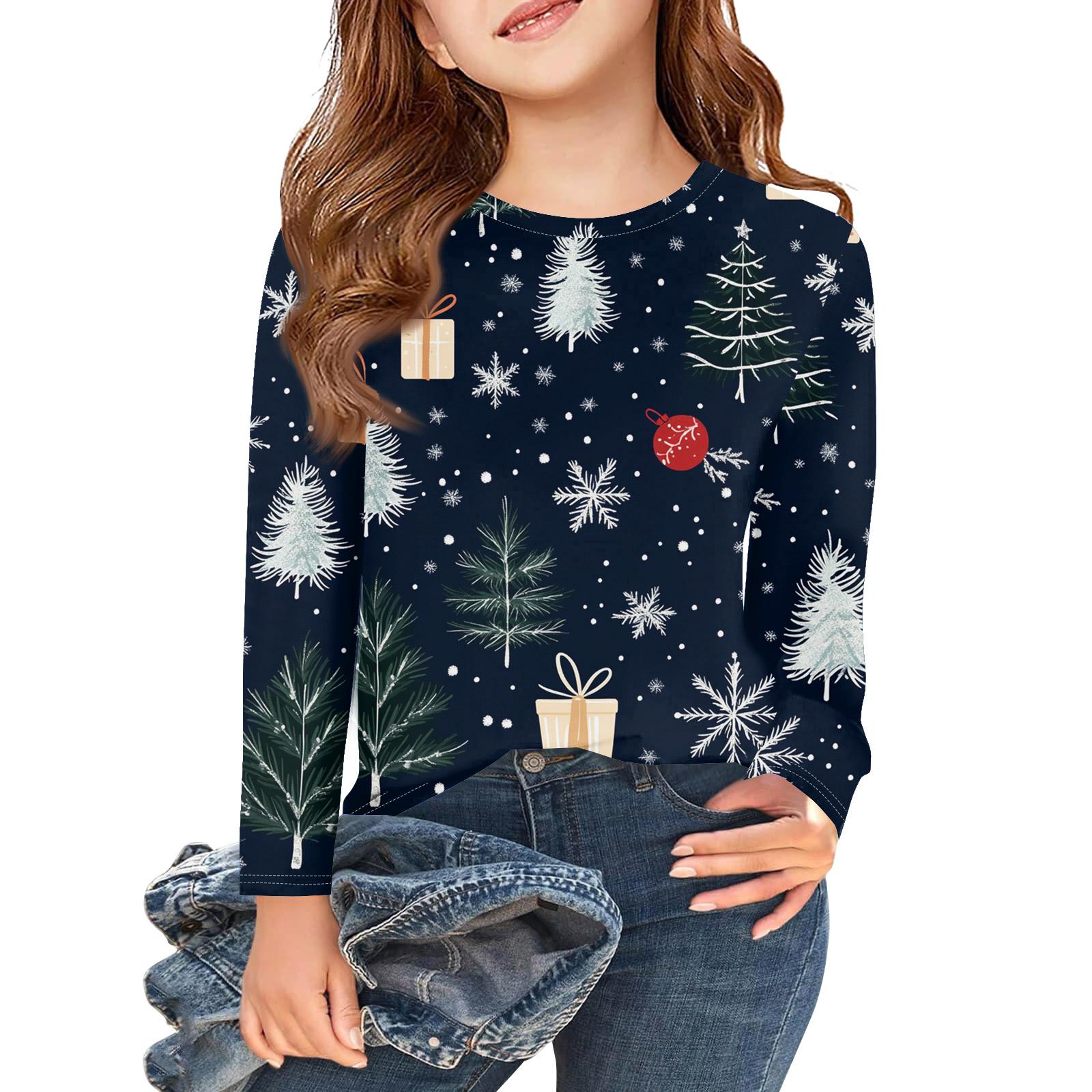 

Рождественские футболки с длинным рукавом для девочек, детские осенние топы с круглым вырезом и принтом, базовые футболки 150