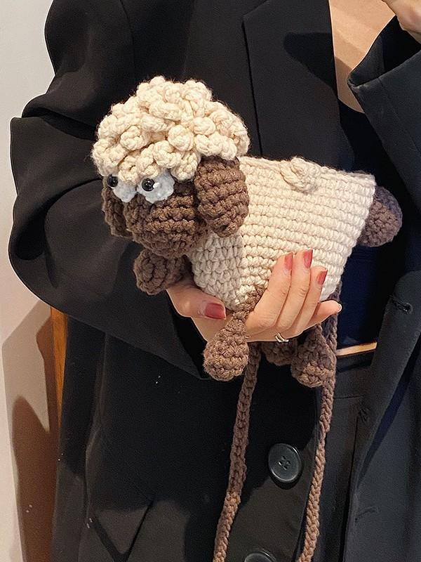 Woolen Knit Cartoon Sheep Crossbody Bag With Phone Pocket For Casual Daily Use