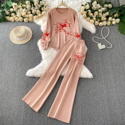 Autunno Inverno Donna Maglione Lavorato a Maglia Ricamo Fiori Lussuoso Vintage Set Pantaloni Due Pezzi Top Pullover Manica Lunga e Tuta Pantaloni Gamba Larga