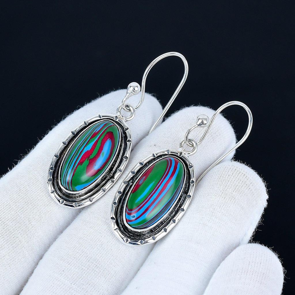 Rainbow Calsilica Gemstone Earrings, 925 Sterling Silver Earrings, Handmade Silver Earrings For Gift, Rainbow Calsilica Dangle Drop Earrings Wife Gift