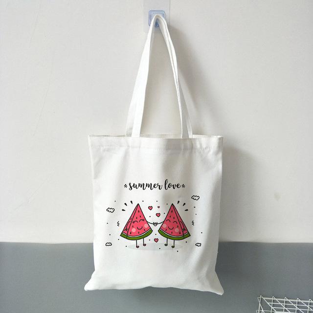 New Women's Casual Canvas Shopping Bag Hello Summer Watermelon Print Eco Tote Travel Bag Lady Handbag Reusable Large Capacity