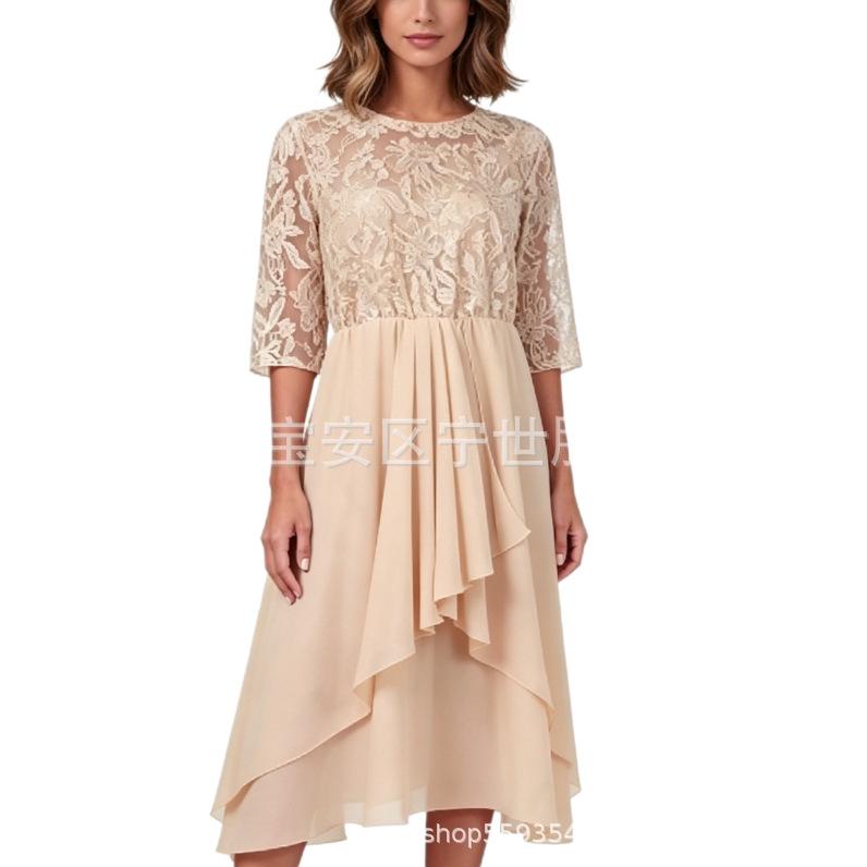 European and American New Lace Splicing Seven-quarter-sleeved Chiffon Irregular Hem Dress In Stock