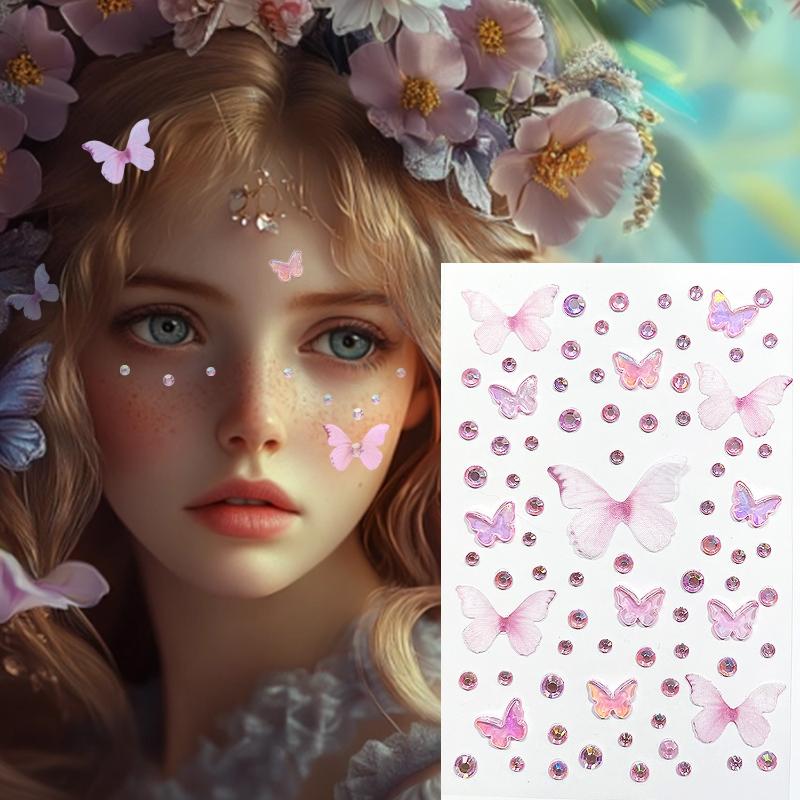 1 Sheet Elf Butterfly Rhinestone Face Stickers Kawaii Self Adhesive Weaving Butterfly Decor For Stage Concert Makeup Supplies