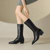 Krazing Pot Cow Leather Winter Pointed Toe Thick Med Heels Western Boots Women Zipper Retro Vintage Mid-calf Boots
