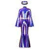 Girls Metallic Disco Jumpsuit Split Flare Legs Long Bell Sleeves Mock Neck Back Invisible Zipper Bodysuit with Matching Headband for Theme Party