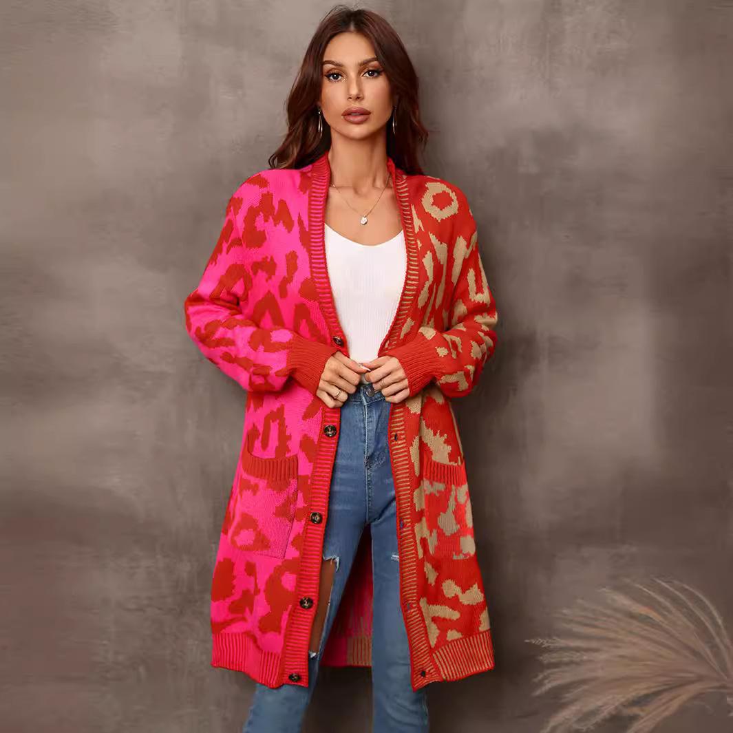 

Sueter Mujer Invierno 2025 Casual New Leopard Print Long Knit Sweater, Loose and Fashionable V Neck Chic Cardigan Coat KCR4306 S червоний