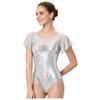 Women Stage Performance Leotard Metallic Mesh Patchwork Flutter Sleeve Ruched Front Cross U Back Ballet Dance Bodysuit