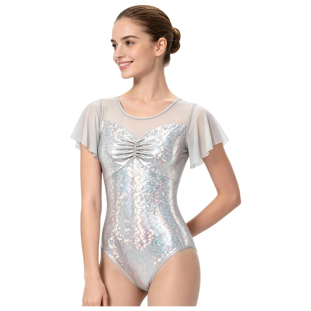 Women Stage Performance Leotard Metallic Mesh Patchwork Flutter Sleeve Ruched Front Cross U Back Ballet Dance Bodysuit