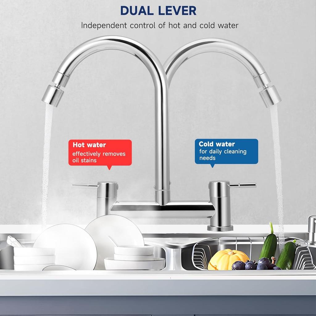 Kitchen Bridge Mixer Taps with 360° Swivel Spout, 2 Hole Sink Mixer Taps Dual Levers Faucet, 180 Mm Centers Deck Mounted Chrome Sink Tap 2 Function