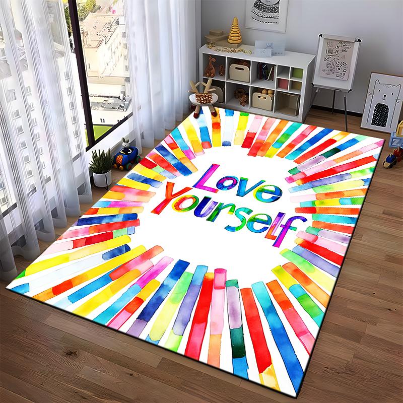 Colorful "Love Yourself" Inspirational Carpet with Multicolor Stripes Design Suitable for Use As an Anti-slip for Living Room Bedroom Sofas