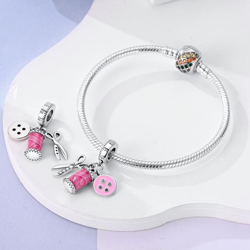Original Charms Copper Scissors Button Pink Spool Pendants Fit Charms Plata Bracelets For Women Women Jewelry Making Diy