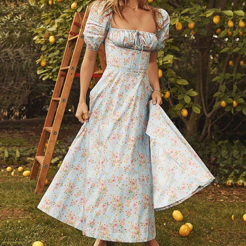 European and American Pastoral Style Sexy Square Collar Lace-up Small Floral Print Slim fit Puff sleeve Temperament High Slit Dress Women
