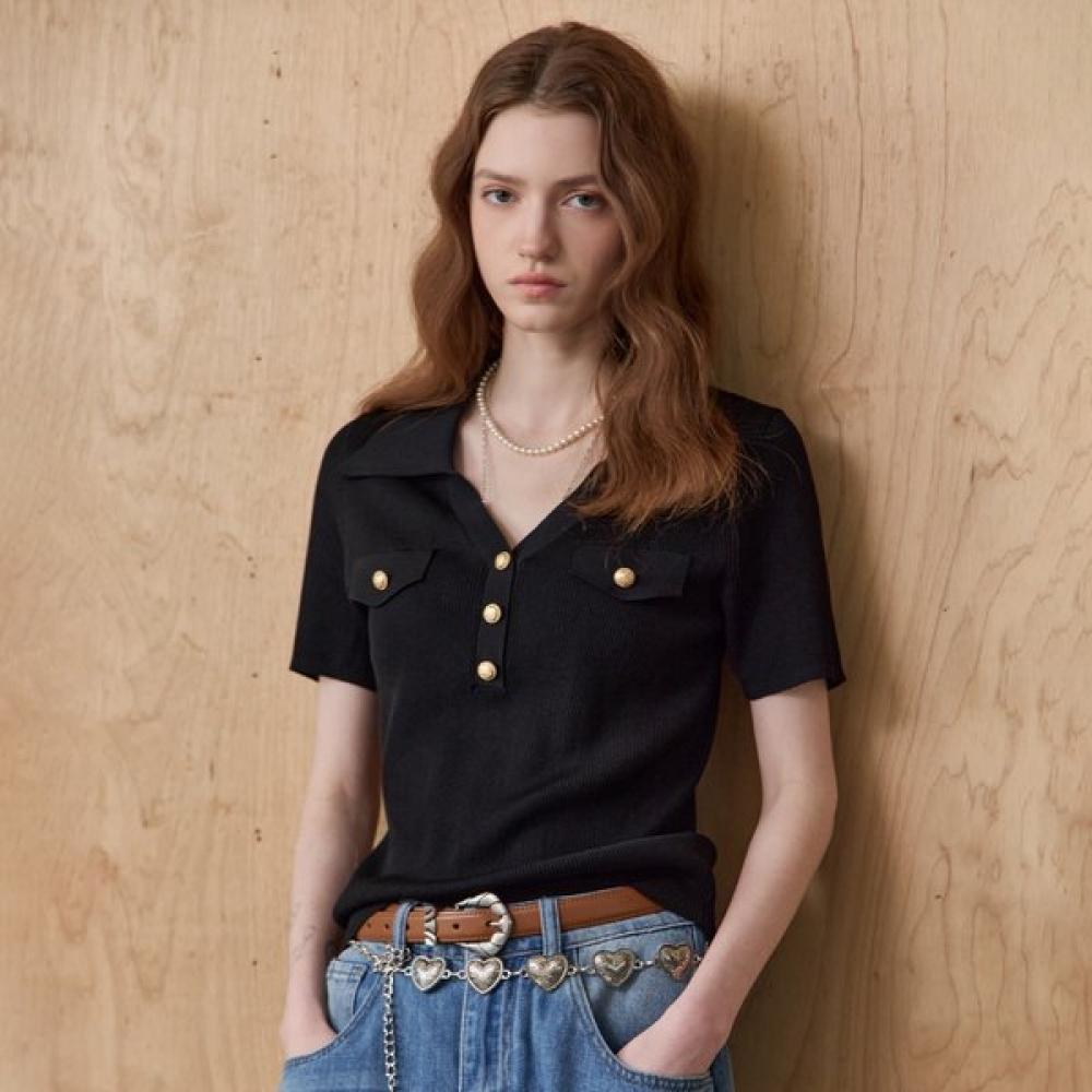 Maxza Gold Button Open Collar V Neck Rib Knit Ze06qk006na