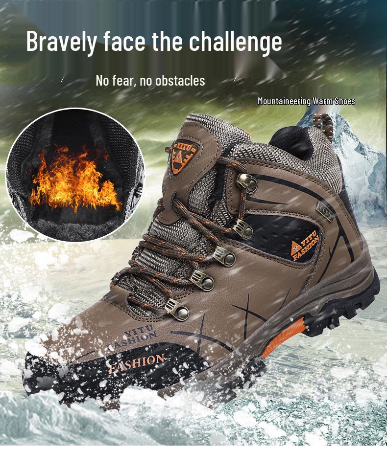 Men's High-Top Waterproof Leather Hiking Boots, Warm, Velvet-Lined, Thick-Sole, Large Size, Autumn/Winter Outdoor Off-Road Footwear.