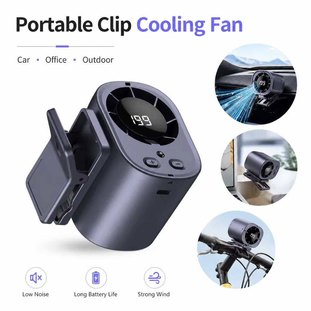 LED Display Mini Silent Fan High-Speed Waist Clip Fan Neck-mounted Handheld Mini Fan Car Use