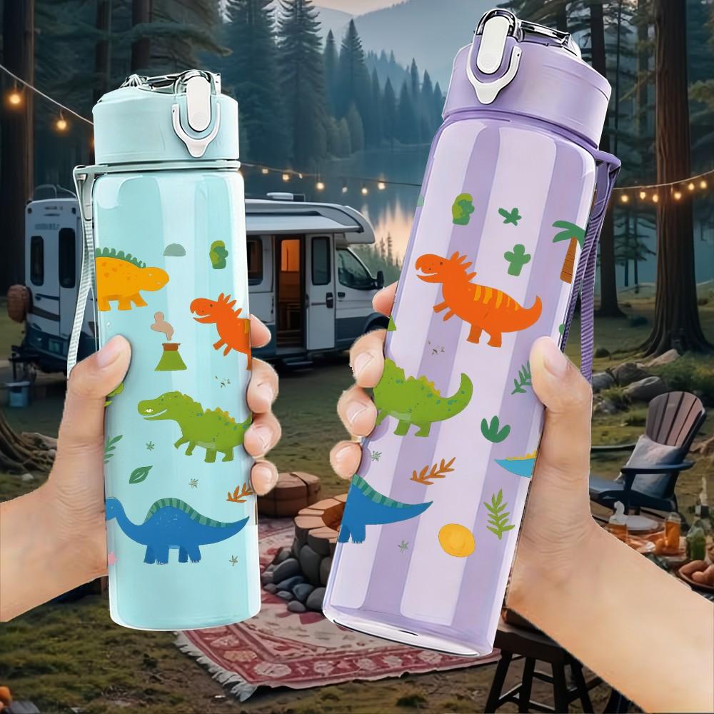 1PC Dinosaur Jungle Seamless Pattern 750ml Color Plastic Sports Water Bottle Leakproof Flip Straw Lid Suitable for Sports Office Home Use