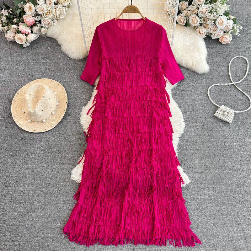 

Sanzhai Ruched A- Shaped Tassel Dress Elegant Short Sleeve Rose Red All yards