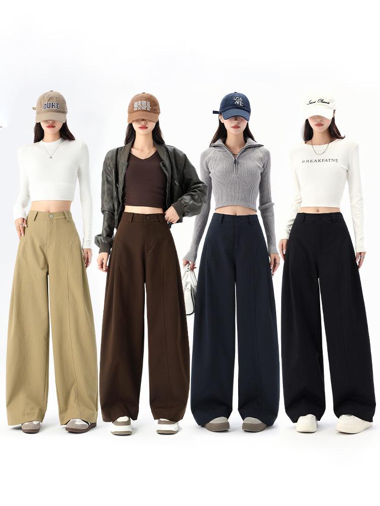 Women’s Khaki High Waist Wide Leg Knife-Pleat Pants - Korean Style, Spring 2026 Collection