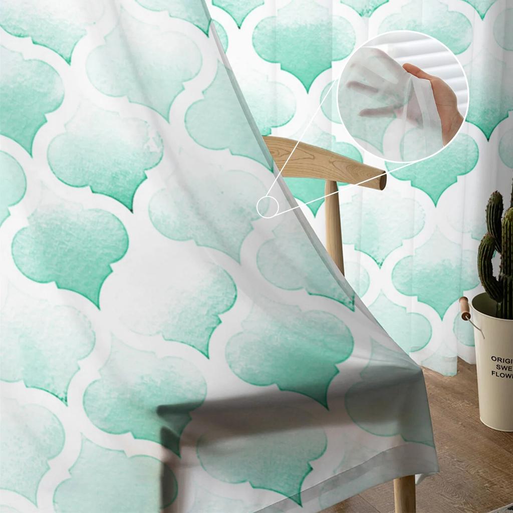 Watercolor Morocco Green Modern Art Window Tulle Curtains For Living Room Kitchen Modern Window Treatments Voile Curtains