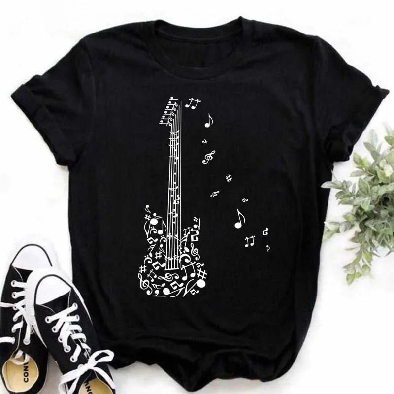 Damen T-Shirt Musik Oberteile Kurzarm Schwarz T-Shirt Damen Lässig Neu Harajuku Lustig Musiknote Kunst T-Shirt Mode