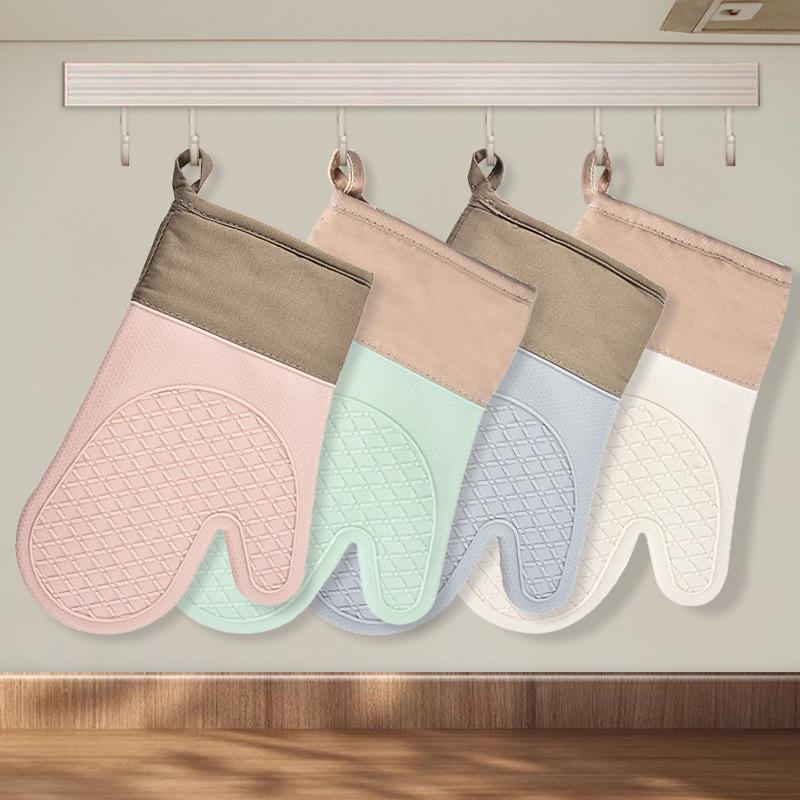 Silicone Heat-resistant Oven Gloves High-temperature Microwave-safe Anti-scald Gloves Cotton-lined Diamond-patterned Baking Oven Mitts