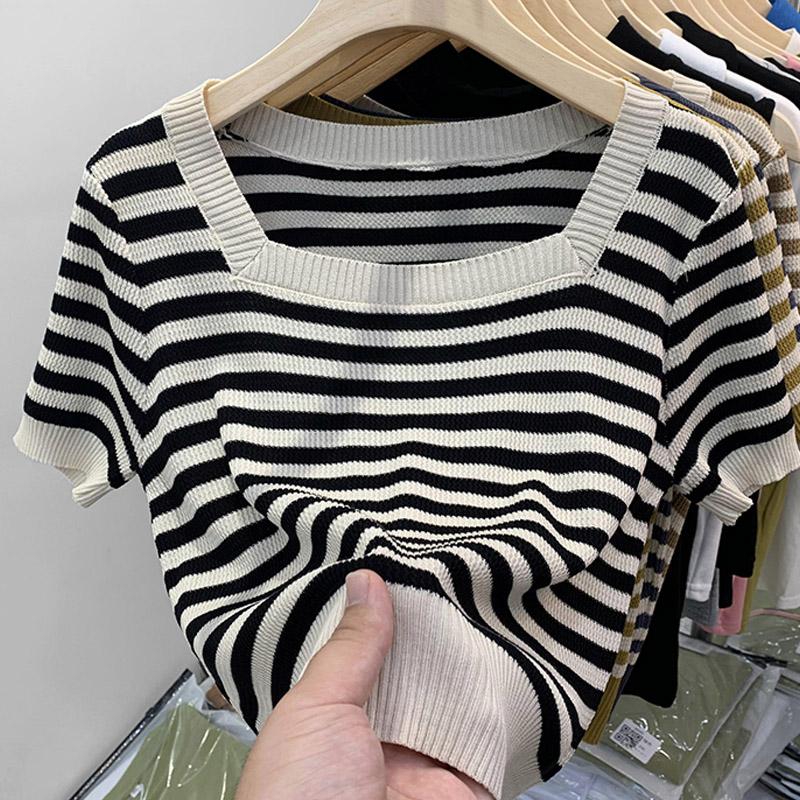 Women Sweaters Pullovers 2025 Summer Short Sleeve Square Collar Striped Black Knitted Sweater Women Tops Pullover JJ280