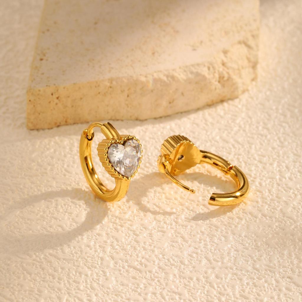 Heart Shape Cubic Zirconia Golden Hoops Earrings Women, Waterproof Stainless Steel Circle Huggies Small Ear Buckle Female Gift