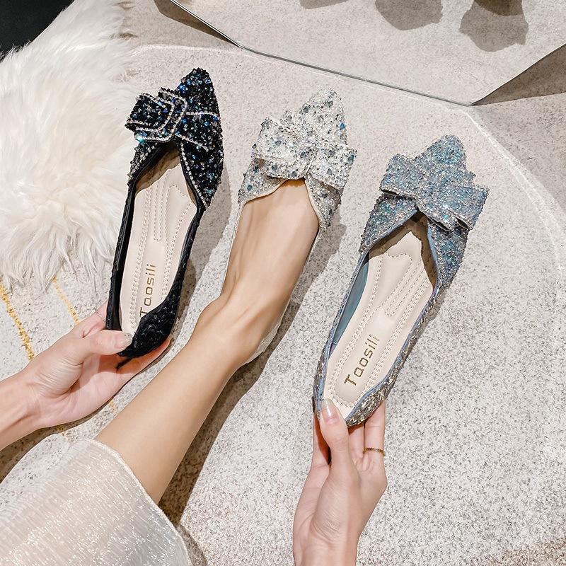 Enkelskor dam nya spetsig tå grund mun flickrosett strass platt botten damskor stor storlek