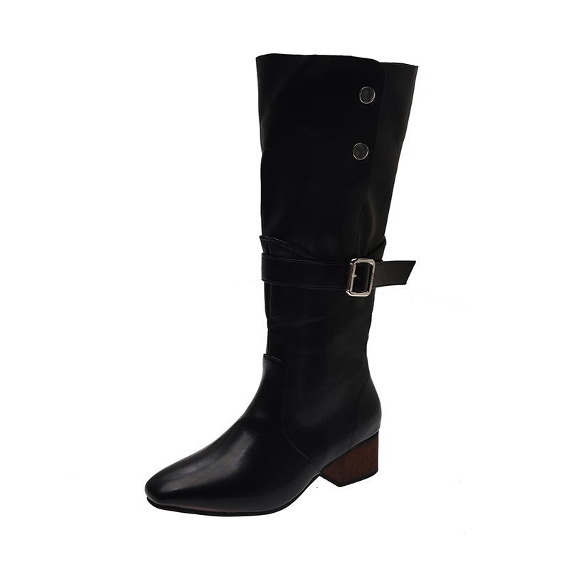 Suede thick heel pointed head medium tube stacking boots women's 2025 autumn and winter new belt buckle two wear high heel long tube fashion boots