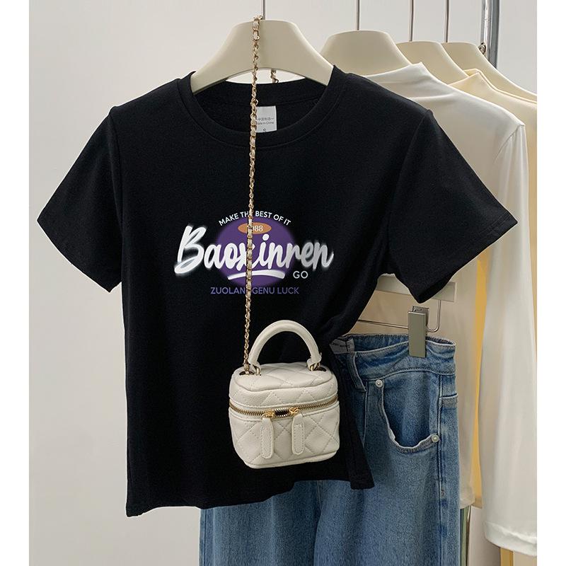 

Women s Petite 2024 Round Neck Letter Print T-Shirt - Summer Short Sleeve Top Large чёрный