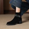 Krazing Pot Cow Suede Nubuck Round Toe Chunky Heels Chelsea Boots Size 43 Zipper Metal Flowers Women Platform Ankle Boots