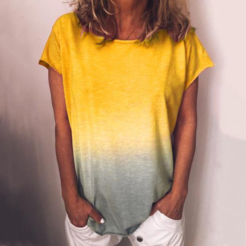 Summer Woman Plus Size Rainbow Gradient Printed Fringe Short Sleeve T-Shirt