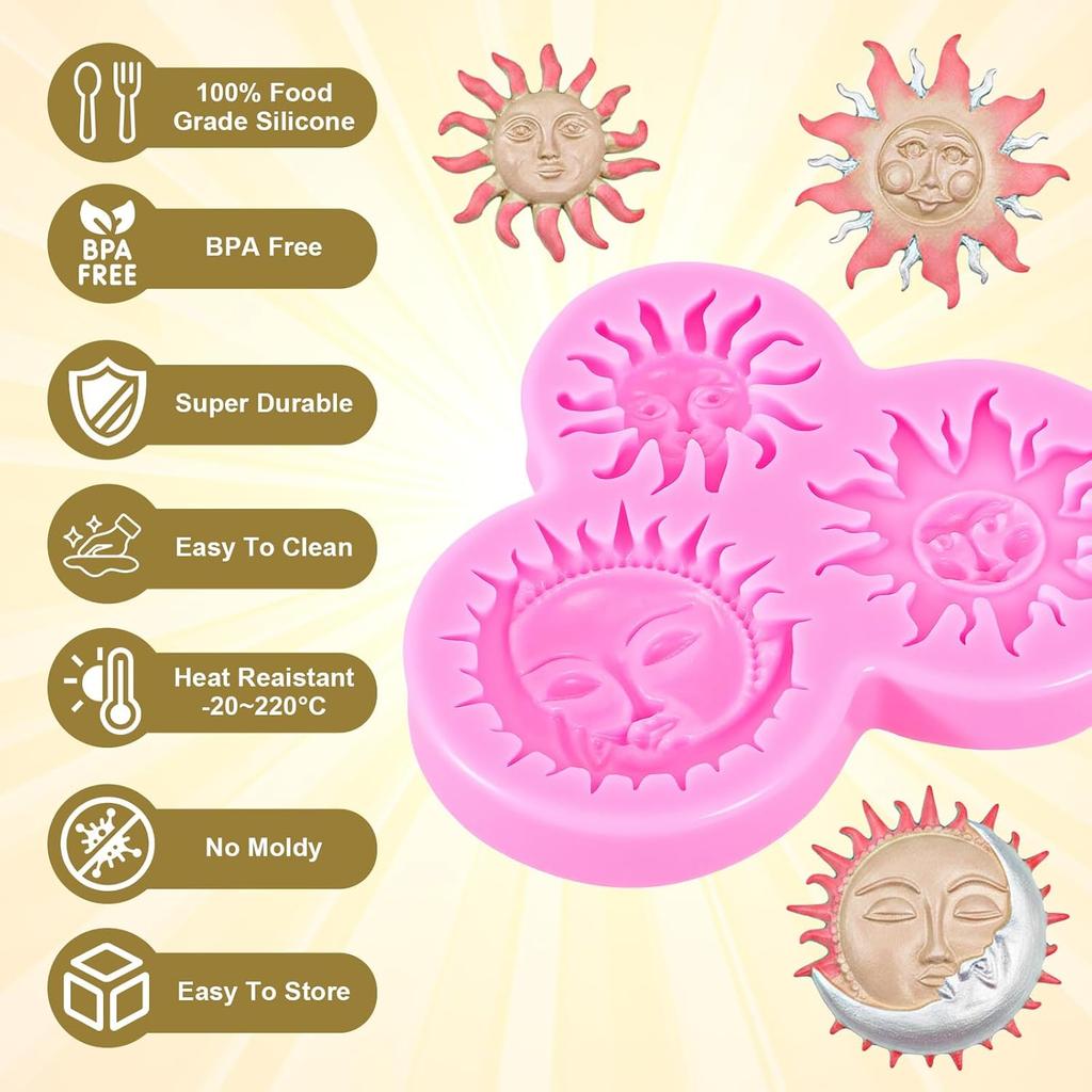 Sun Moon Face Fondant Mold, Silicone Clay Molds, Chocolate Mold for DIY Baking Sugar Craft, Clay Molds for Crafts DIY Air Dry Plaster Polymer Clays