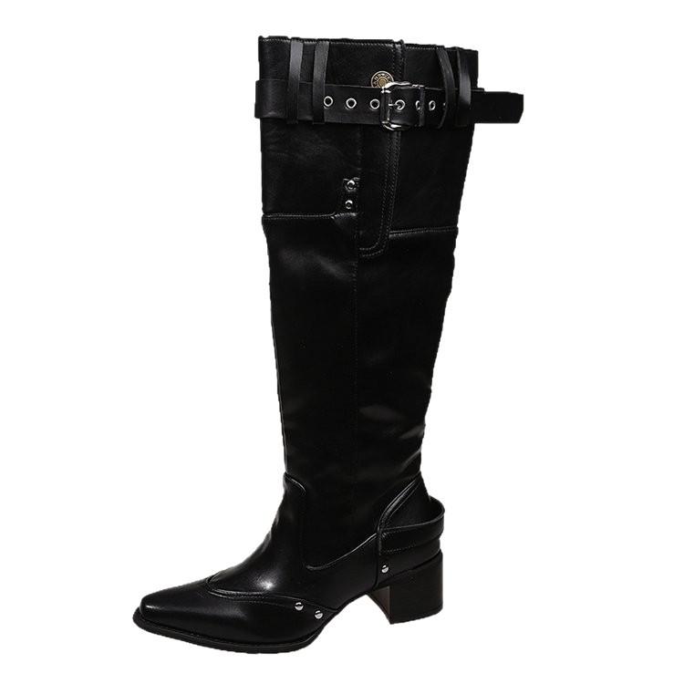Autumn and Winter New Fashionable and Thin Stacking Boots Women's Pointed Thick Heel High Tube Belt Buckle Large Size Boots