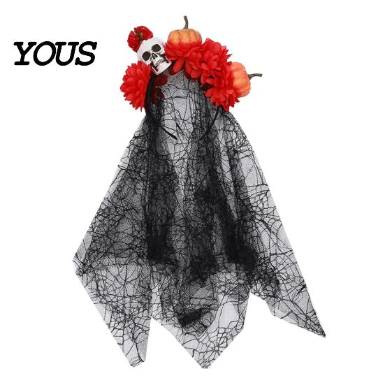 Halloween Party Hair Accessory Pumpkin Skull Floral Headband, Stable Hoop with 3D Artificial Costume Headband Flowers And Spiderweb Black Gauze Gothic