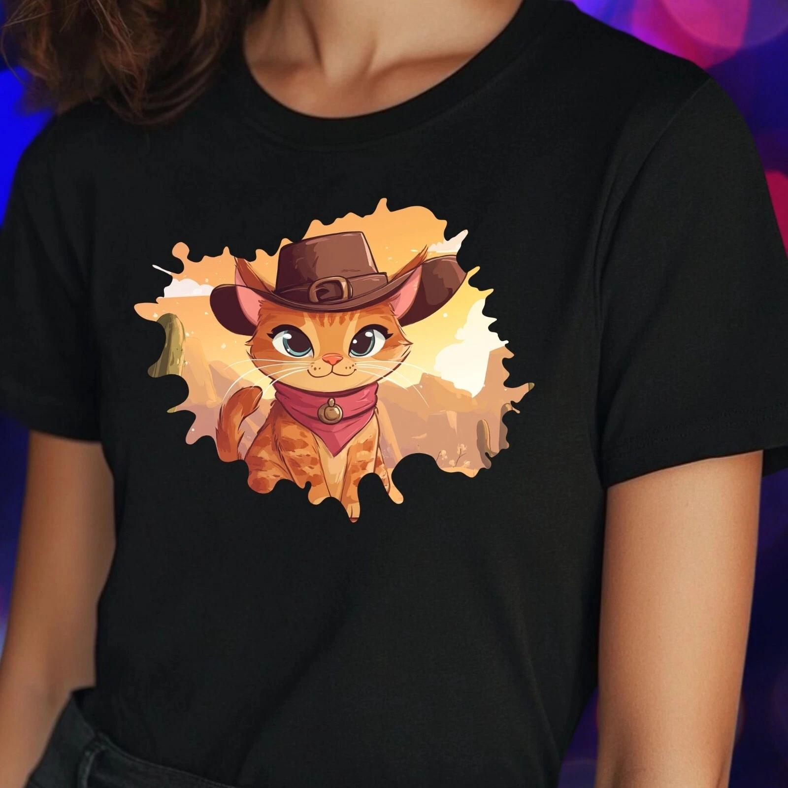 T-Shirt Herren Cowboy Katze Cartoon Motiv Baumwolle Größe S bis 5XL XL