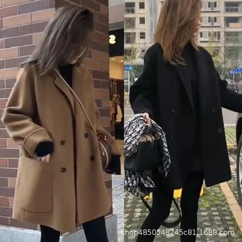 Womens Mid-length Wool Blend Coat Hepburn Style Loose Fit Winter Solid Color Brown Black