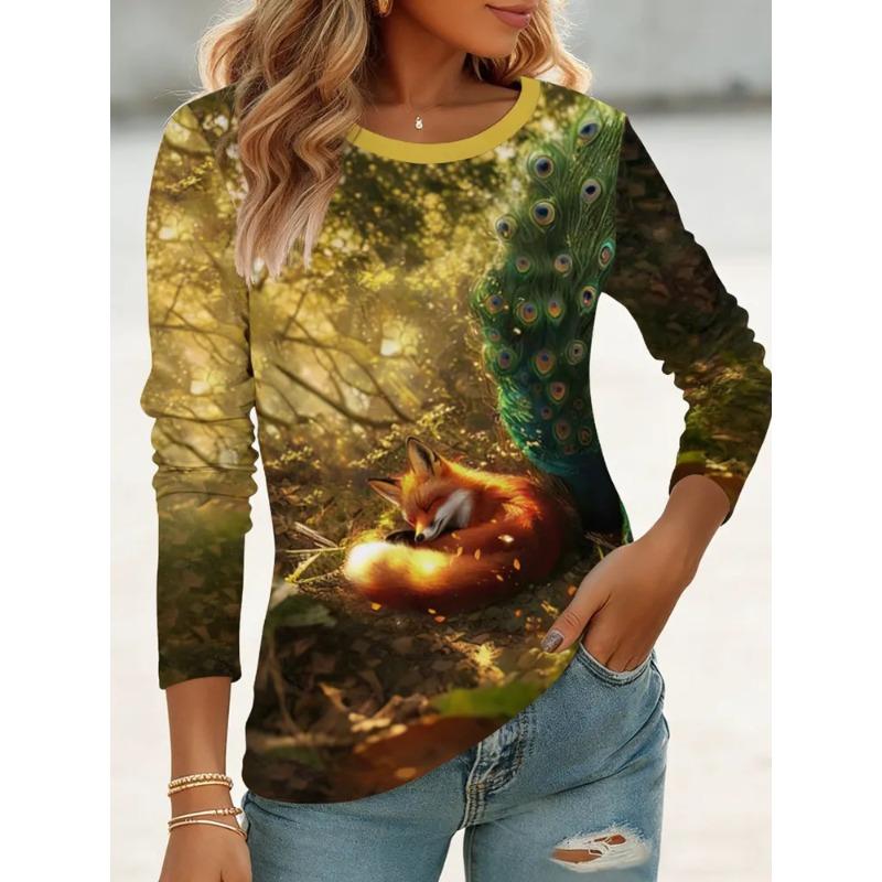 Women's 3D Printed Crew Neck Long Sleeve T-Shirt Fashion Versatile Trend Breathable Casual