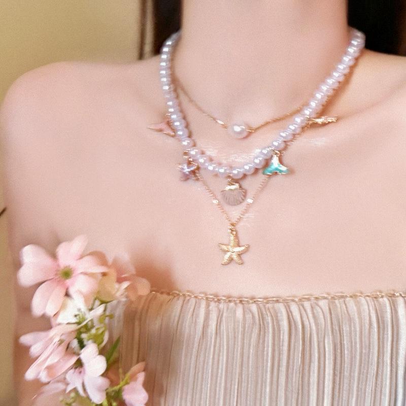 Starfish & Pearl Multi-Layer Necklace: Island Resort Clavicle Chain Jewelry