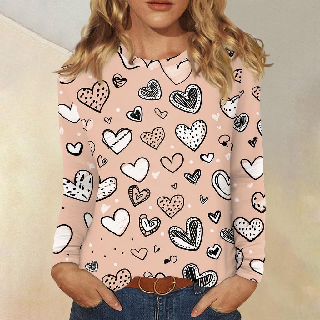 Damen Valentinstag Modisches Herzmuster Rundhals Langarm Pullover Top